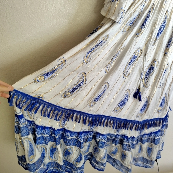 Anthropologie Me2Magic Maxi Dress White Blue Boho Santorini Summer Sz L - Picture 3 of 8